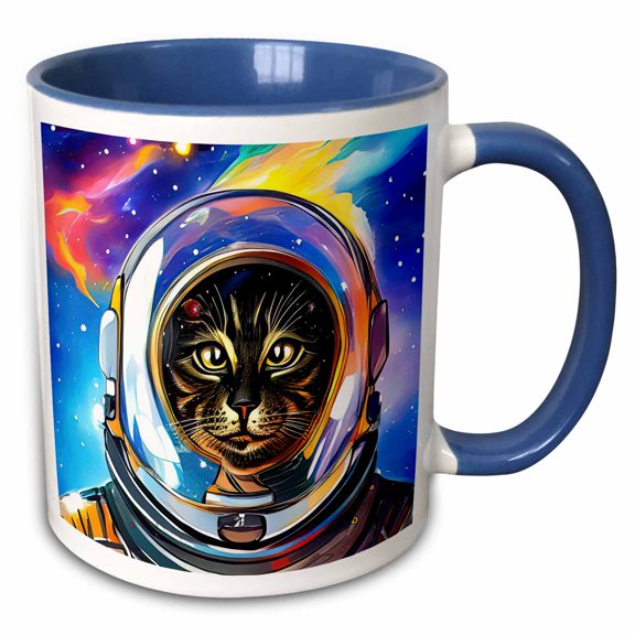 3drose, Charming Galaxy Cat in Shining Spacesuit. Inspirational Digital Art, 15oz Two-tone Blue Mug