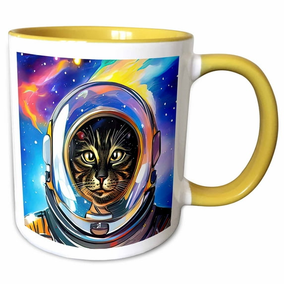 3drose, Charming Galaxy Cat in Shining Spacesuit. Inspirational Digital Art, 15oz Two-tone Yellow Mug