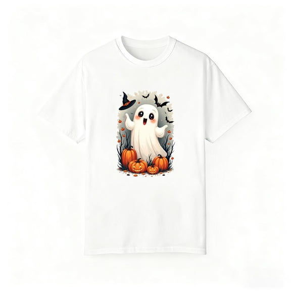 Charming Ghost Hat Bats T Shirt Traditional Pumpkin Arrangement Graphic Tees Vintage Comfort Tops White S-5XL