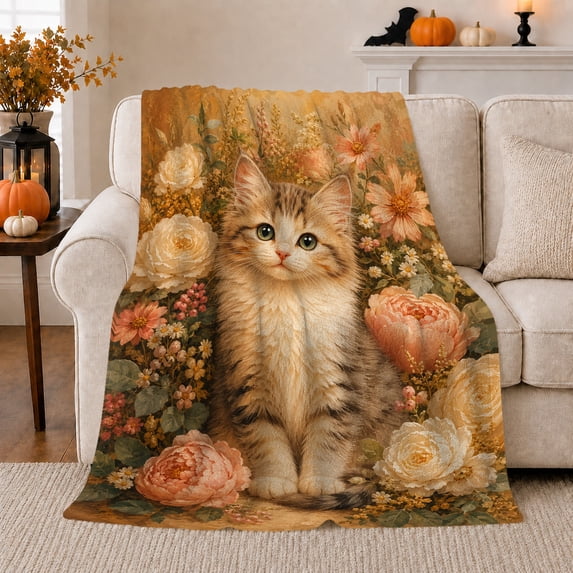 Charming Ginger Tabby Kitten Among Vintage Blooming Roses, Cozy Botanical Garden Scene, Warm Flannel Blanket for Living Room and Bedroom, Cat Lovers Just Because Gift, Botanical Home Decor