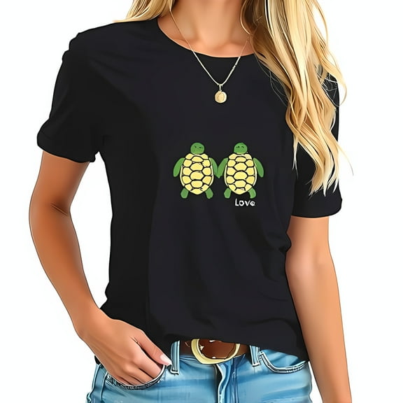 Charming Graphic Cotton Short Sleeve T-Shirt - Navy Blue with Love Print Relaxed Fit