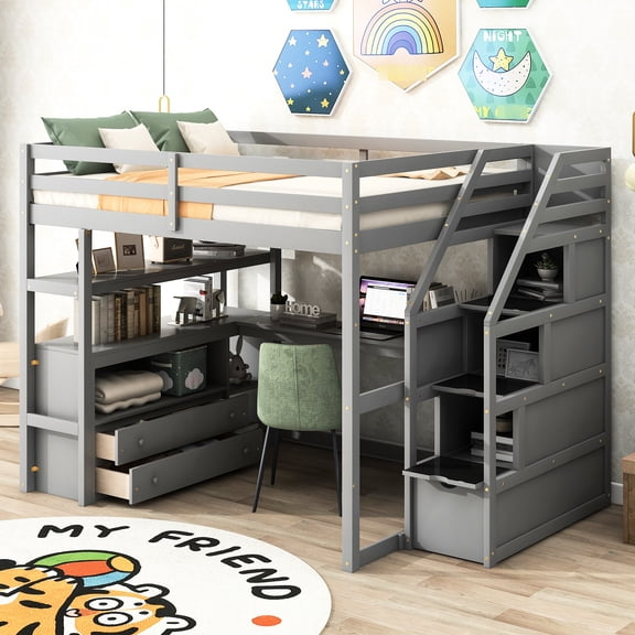Charming Gray Loft Bed With Desk, Shelves And Storage Full Size Shelves, -
