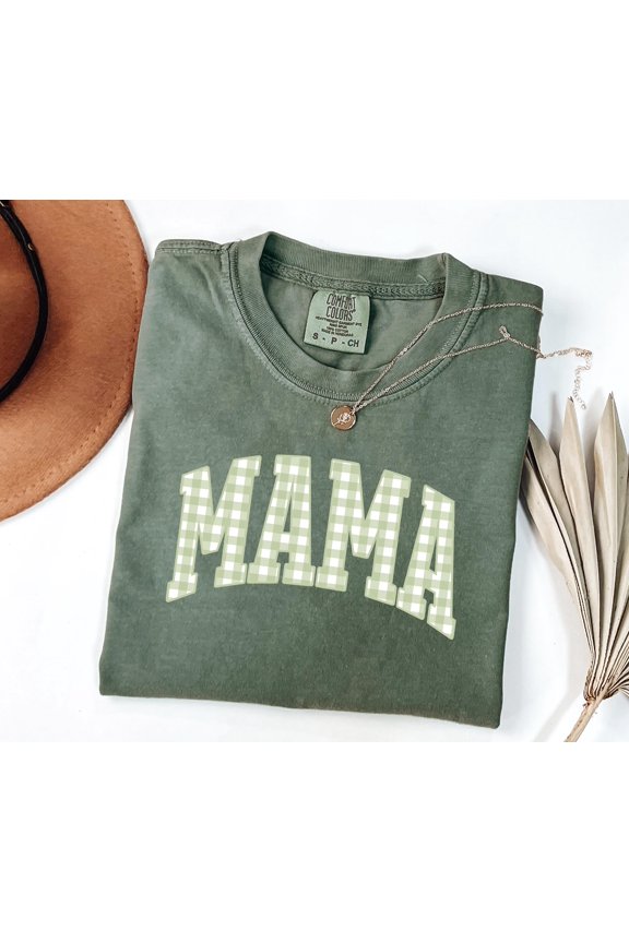 Charming Green Gingham Mama Shirt - Comfort Colors Checkered Tee for Mother's Day Gift