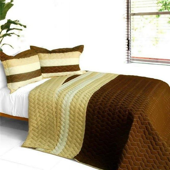 Charming Guerlain - 3 Pieces Vermicelli-Quilted Patchwork Quilt Set Full & Queen Size - Coffee