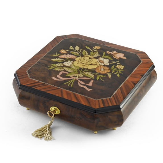 Charming Handcrafted Octagonal Italian Music Box with Floral Bouquet Inlay - Home on the Range