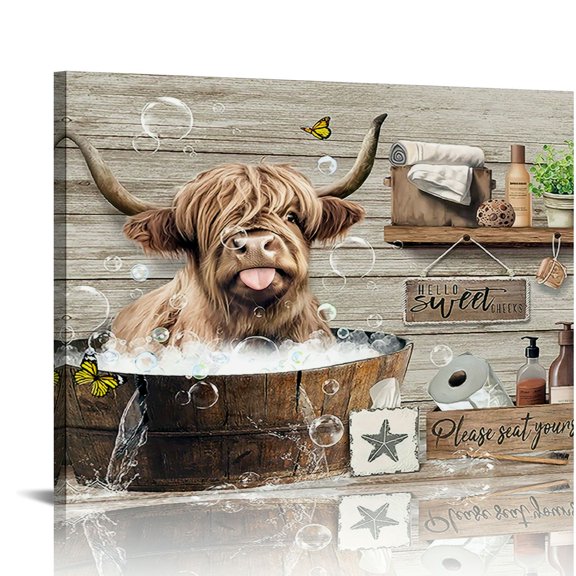 Charming Highland Cattle Canvas Wall Art Print - Wooden Framed Wall Decor for farmhouse Living Room, Bedroom, Kitchen & Office - Perfect Gift Idea, Perfect for Room Decor