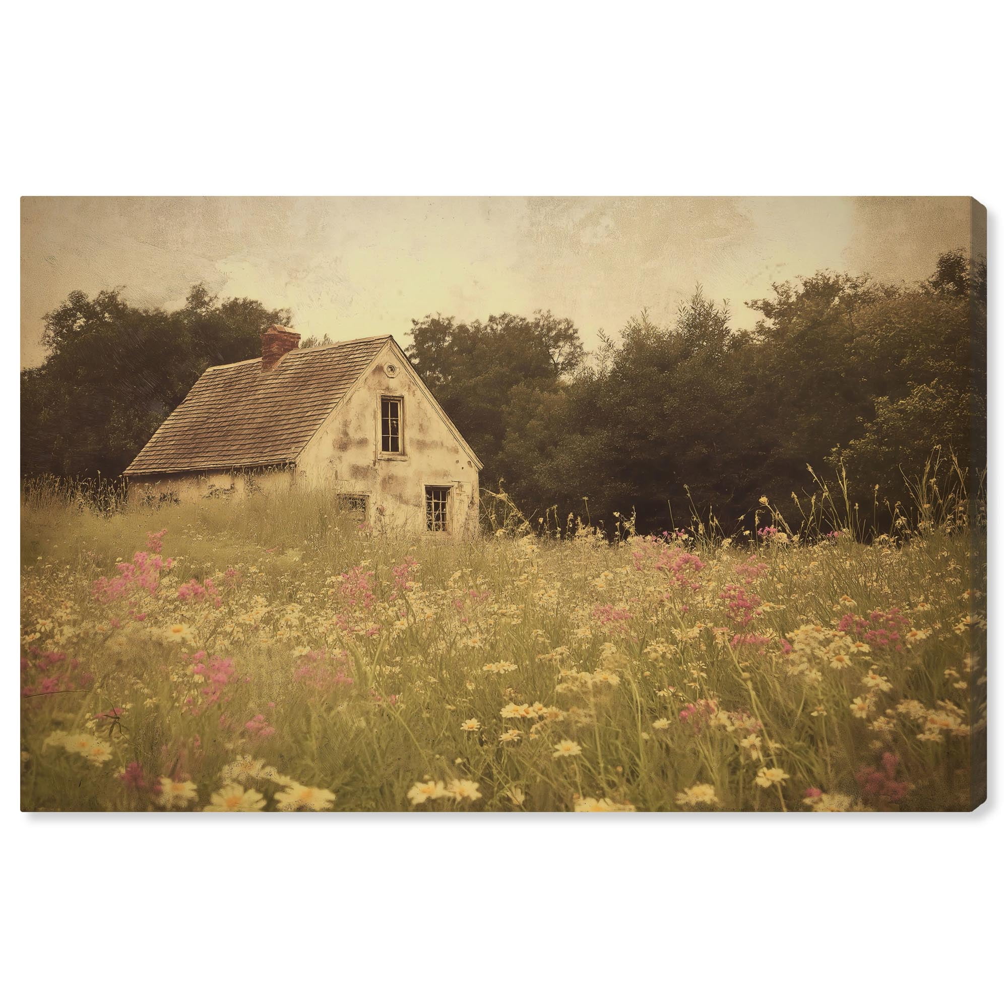 Rustic Farmhouse Landscape Canvas Art in Beige and Green