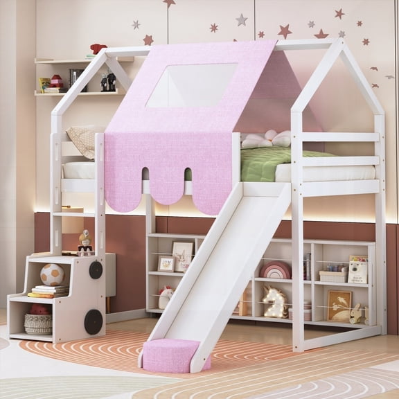 Charming House-shaped Twin Size Loft Bed with Storage & Soft Cushioning