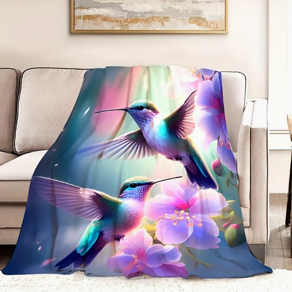 Charming Hummingbird Fleece Throw Blanket, Soft Cozy Comfort, Vibrant Floral Print, Home Decor