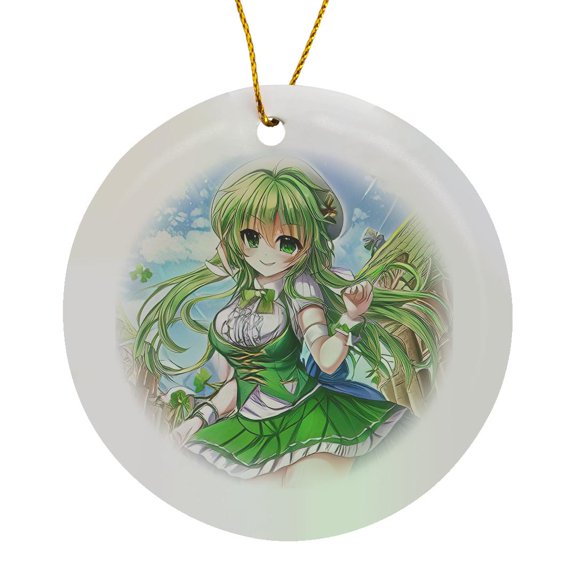 3drose, Charming Irish Elf Girl, Four Leaf Clover. Good Luck for You Gift, Circle Porcelain Ornament