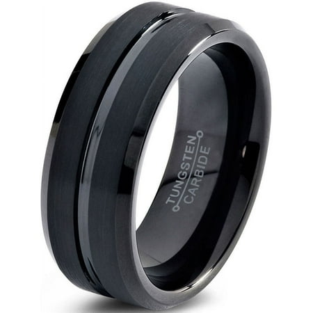 Charming Jewelers Black Tungsten Wedding Band Ring 8 or 10mm for Men Women Comfort Fit Black Beveled Edge Polished Brushed Lifetime Guarantee