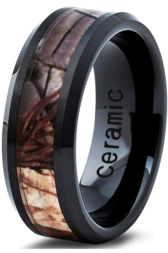 Ceramic Ring 8mm for Men Women Black Hunter Deer Army Ceramic Band Comfort Fit Camo Beveled Edge Brushed Polished Lifetime Guarantee Size 8