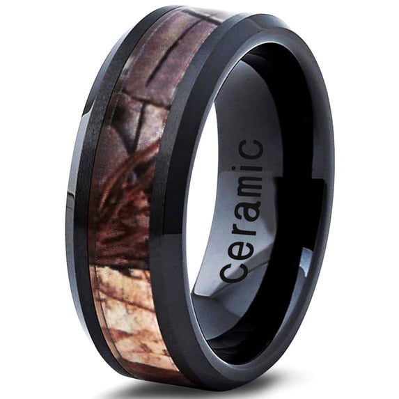 Charming Jewelers Ceramic Ring 8mm for Men Women Black Hunter Deer Army Ceramic Band Comfort Fit Camo Beveled Edge Brushed Polished Lifetime Guarantee Size 9.5