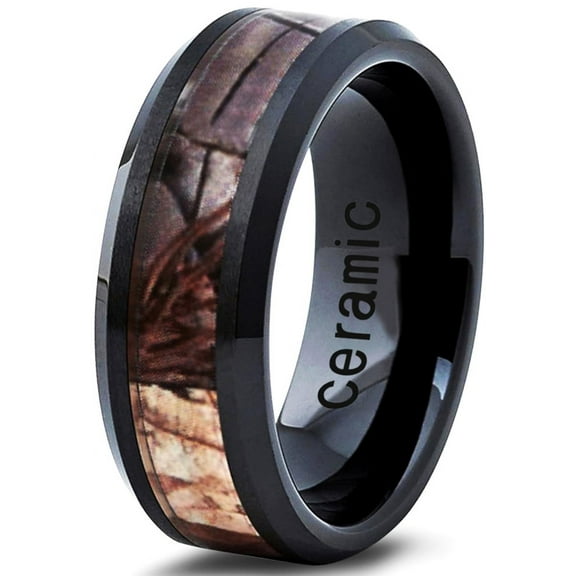 Charming Jewelers Ceramic Ring 8mm for Men Women Black Hunter Deer Army Ceramic Band Comfort Fit Camo Beveled Edge Brushed Polished Lifetime Guarantee Size 9