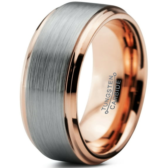 Charming Jewelers Tungsten Wedding Band Ring 10mm for Men Women Comfort Fit 18K Rose Gold Plated Beveled Edge Brushed Polished Lifetime Guarantee Size 5.5