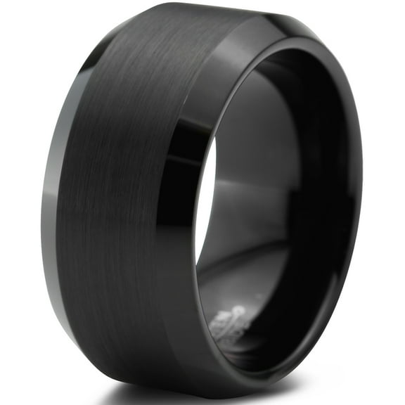 Charming Jewelers Tungsten Wedding Band Ring 10mm for Men Women Comfort Fit Black Beveled Edge Polished Brushed Lifetime Guarantee