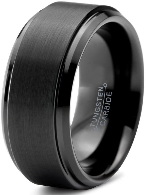Tungsten Wedding Band Ring 10mm for Men Women Comfort Fit Black Step Beveled Edge Polished Brushed Lifetime Guarantee Size 11