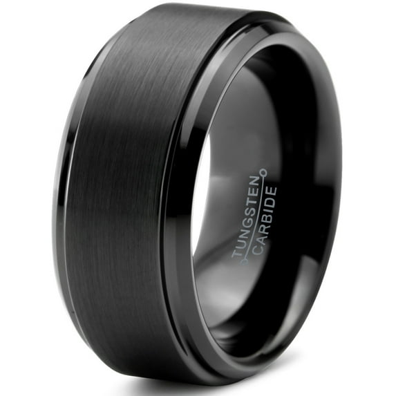 Charming Jewelers Tungsten Wedding Band Ring 10mm for Men Women Comfort Fit Black Step Beveled Edge Polished Brushed Lifetime Guarantee Size 5.5