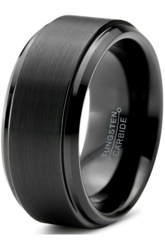 Tungsten Wedding Band Ring 10mm for Men Women Comfort Fit Black Step Beveled Edge Polished Brushed Lifetime Guarantee Size 7.5