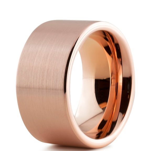 Charming Jewelers Tungsten Wedding Band Ring 12mm for Men Women Comfort Fit 18K Rose Gold Plated Plated Pipe Cut Flat Brushed Polished Lifetime Guarantee Size 4