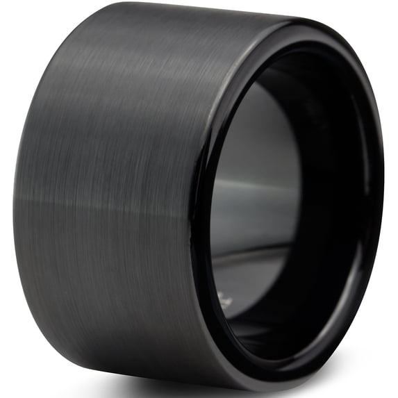 Charming Jewelers Tungsten Wedding Band Ring 12mm for Men Women Comfort Fit Black Pipe Cut Brushed Lifetime Guarantee Size 14