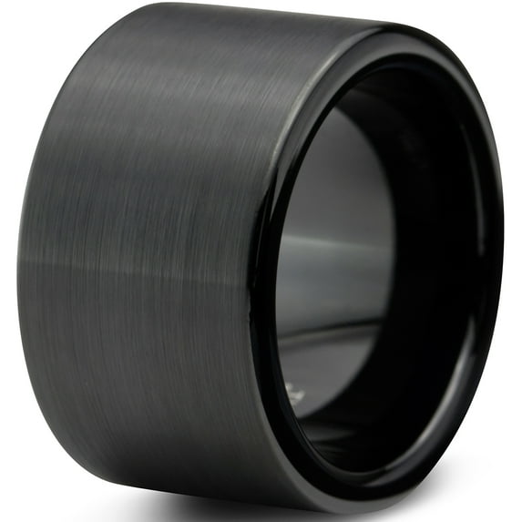 Charming Jewelers Tungsten Wedding Band Ring 12mm for Men Women Comfort Fit Black Pipe Cut Brushed Lifetime Guarantee Size 9.5