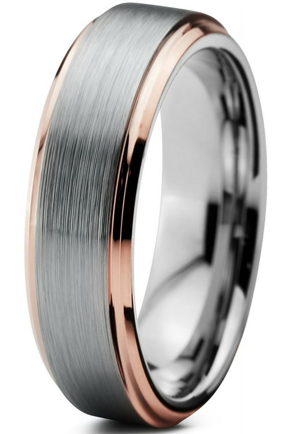 Tungsten Wedding Band Ring 4mm for Men Women Comfort Fit 18K Rose Gold Plated Plated Beveled Edge Brushed Polished Lifetime Guarantee Size 8.5