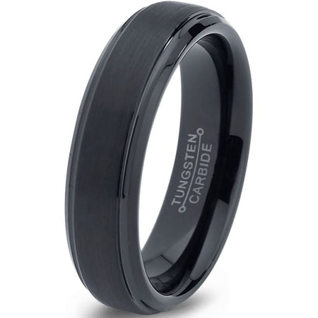 Charming Jewelers Tungsten Wedding Band Ring 4mm for Men Women Comfort Fit Black Beveled Edge Brushed Lifetime Guarantee Size 4.5