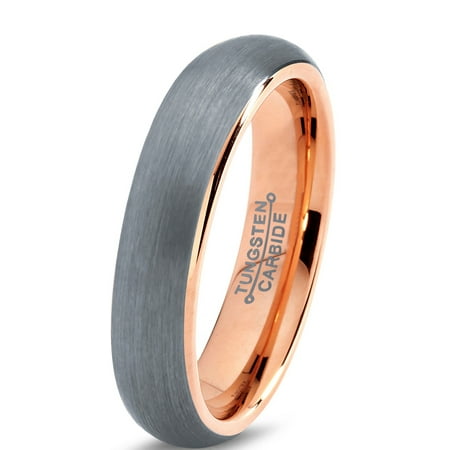 Charming Jewelers Tungsten Wedding Band Ring 5mm for Men Women Comfort Fit 18K Rose Gold Plated Plated Domed Brushed Lifetime Guarantee Size 12.5