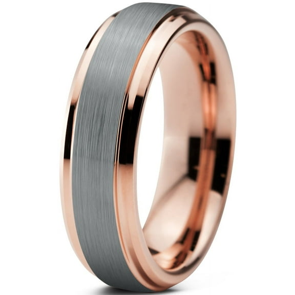 Charming Jewelers Tungsten Wedding Band Ring 6mm for Men Women Comfort Fit 18K Rose Gold Plated Plated Beveled Edge Brushed Polished Lifetime Guarantee