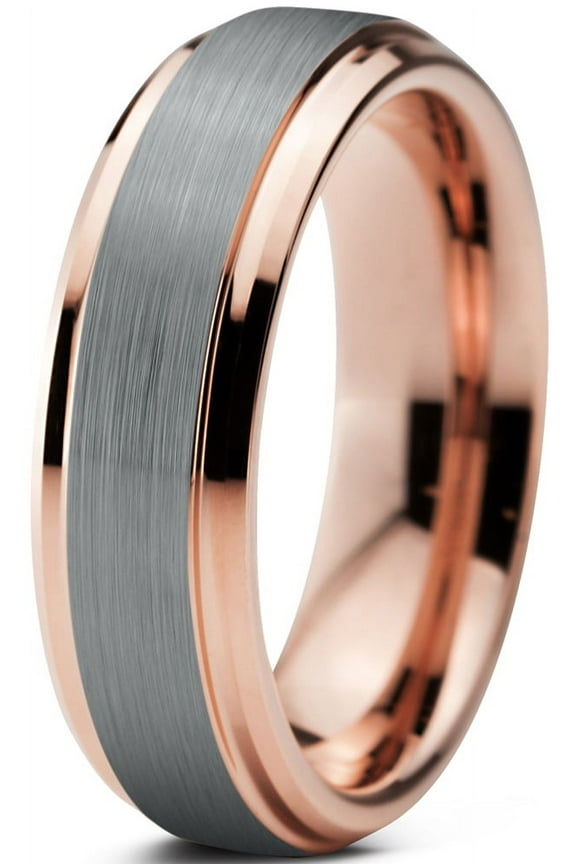 Tungsten Wedding Band Ring 6mm for Men Women Comfort Fit 18K Rose Gold Plated Plated Beveled Edge Brushed Polished Lifetime Guarantee