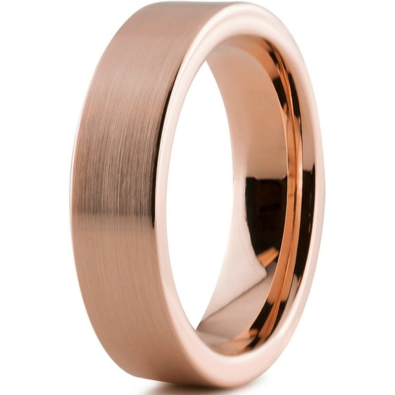 Charming Jewelers Tungsten Wedding Band Ring 6mm for Men Women Comfort Fit 18K Rose Gold Plated Plated Pipe Cut Flat Brushed Polished Lifetime Guarantee Size 5