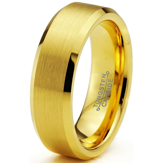Charming Jewelers Tungsten Wedding Band Ring 6mm for Men Women Comfort Fit 18K Yellow Gold Plated Beveled Edge Brushed Polished Lifetime Guarantee Size 7