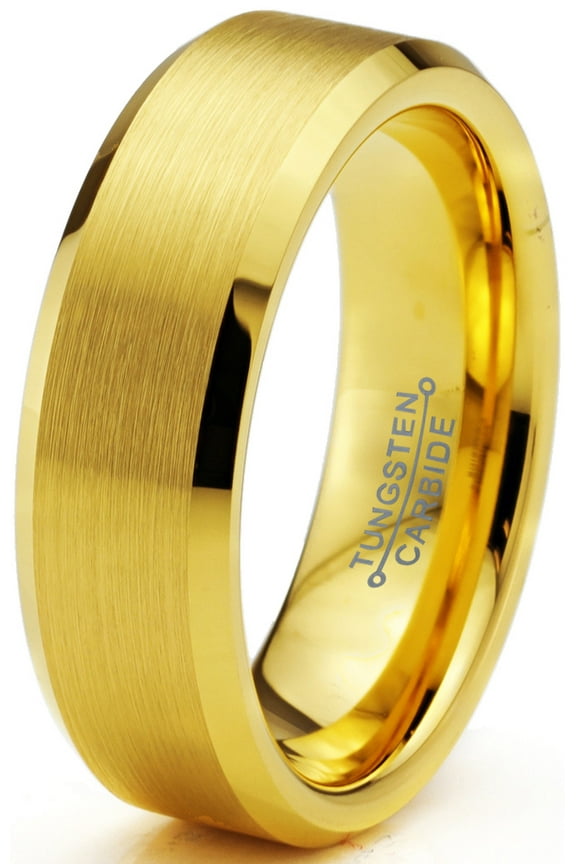 Tungsten Wedding Band Ring 6mm for Men Women Comfort Fit 18K Yellow Gold Plated Beveled Edge Brushed Polished Lifetime Guarantee Size 8