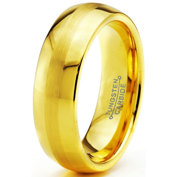 Charming Jewelers Tungsten Wedding Band Ring 6mm for Men Women Comfort Fit 18K Yellow Gold Plated Dome Round Brushed Polished Lifetime Guarantee Size 4