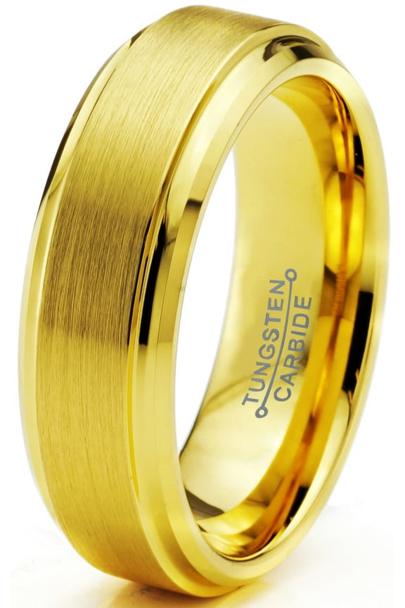 Tungsten Wedding Band Ring 6mm for Men Women Comfort Fit 18K Yellow Gold Plated Step Beveled Edge Brushed Polished Lifetime Guarantee Size 5.5