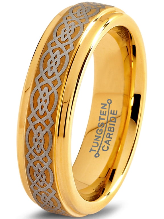 Tungsten Wedding Band Ring 6mm for Men Women Comfort Fit Celtic 18K Yellow Gold Plated Step Beveled Edge Brushed Polished Lifetime Guarantee Size 7.5