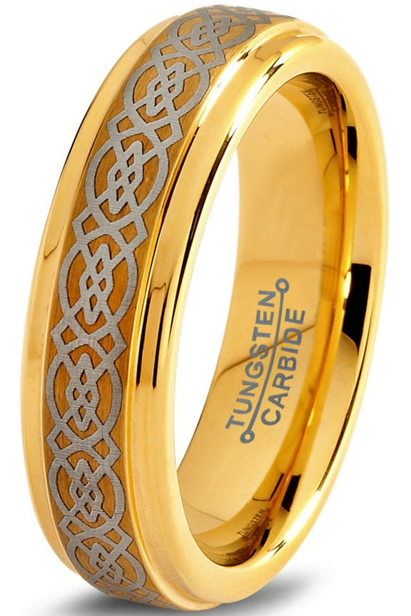 Tungsten Wedding Band Ring 6mm for Men Women Comfort Fit Celtic 18K Yellow Gold Plated Step Beveled Edge Brushed Polished Lifetime Guarantee Size 10.5