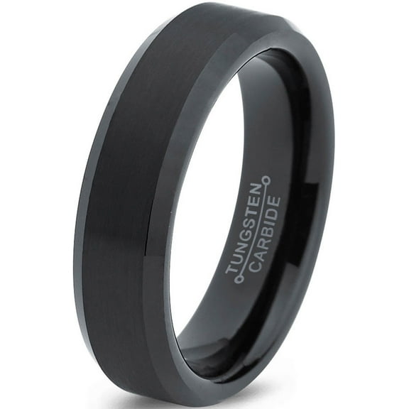 Charming Jewelers Tungsten Wedding Band Ring 6mm for Men Women Comfort Fit Black Beveled Edge Brushed Lifetime Guarantee Size 10