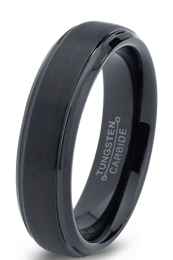Tungsten Wedding Band Ring 6mm for Men Women Comfort Fit Black Beveled Edge Brushed Lifetime Guarantee