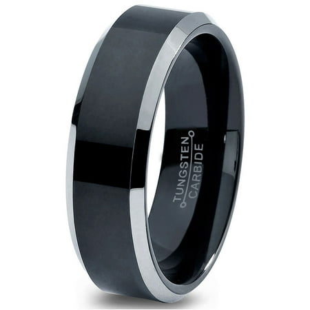 Charming Jewelers Tungsten Wedding Band Ring 6mm for Men Women Comfort Fit Black Beveled Edge Polished Brushed Lifetime Guarantee Size 4
