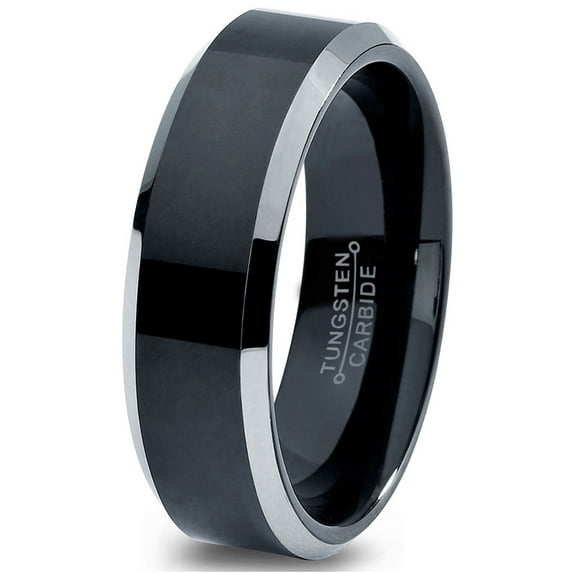 Charming Jewelers Tungsten Wedding Band Ring 6mm for Men Women Comfort Fit Black Beveled Edge Polished Brushed Lifetime Guarantee Size 9.5