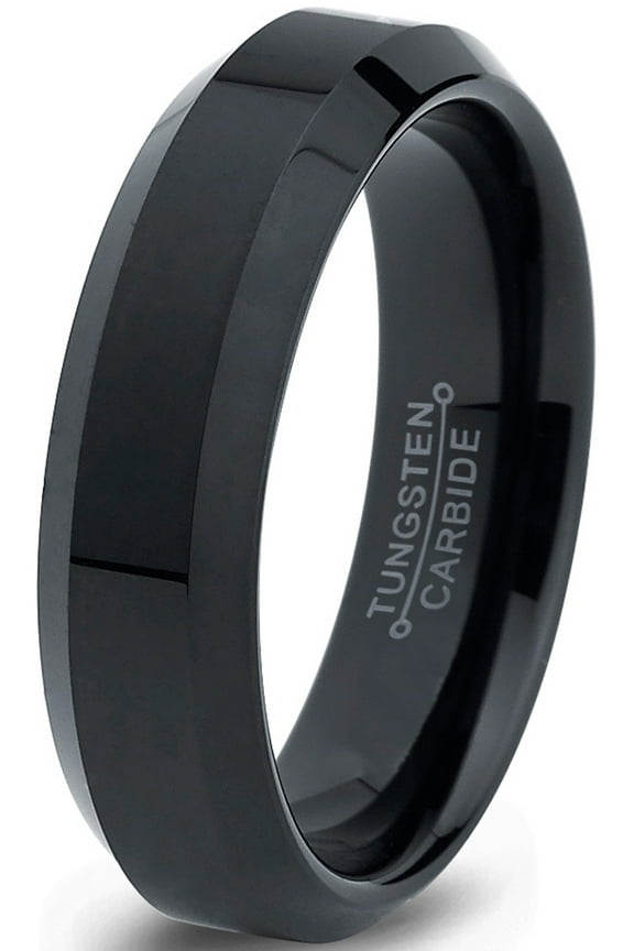 Tungsten Wedding Band Ring 6mm for Men Women Comfort Fit Black Beveled Edge Polished Lifetime Guarantee Size 6