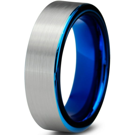 Charming Jewelers Tungsten Wedding Band Ring 6mm for Men Women Comfort Fit Blue Pipe Cut Brushed Lifetime Guarantee Size 5