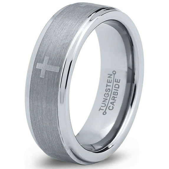 Charming Jewelers Tungsten Wedding Band Ring 6mm for Men Women Comfort Fit Christian Cross Step Beveled Edge Brushed Lifetime Guarantee Size 7