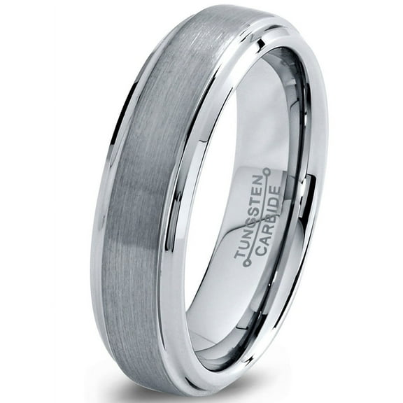 Charming Jewelers Tungsten Wedding Band Ring 6mm for Men Women Comfort Fit Step Beveled Edge Brushed Lifetime Guarantee Size 4