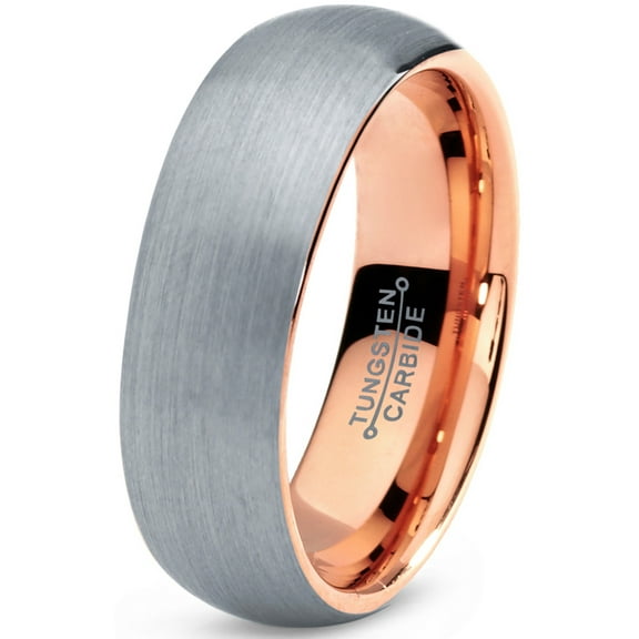 Charming Jewelers Tungsten Wedding Band Ring 7mm for Men Women Comfort Fit 18K Rose Gold Plated Plated Domed Brushed Lifetime Guarantee Size 4