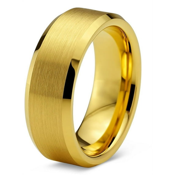 Charming Jewelers Tungsten Wedding Band Ring 8mm for Men Women Comfort Fit 18K Yellow Gold Plated Beveled Edge Brushed Polished Lifetime Guarantee Size 7.5
