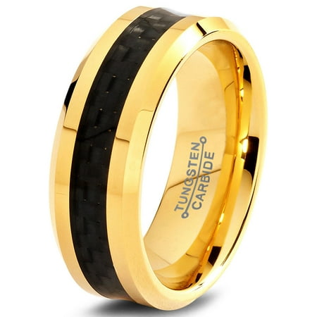 Charming Jewelers Tungsten Wedding Band Ring 8mm for Men Women Comfort Fit 18K Yellow Gold Plated Black Carbon Fiber Beveled Edge Polished Lifetime Guarantee Size 4