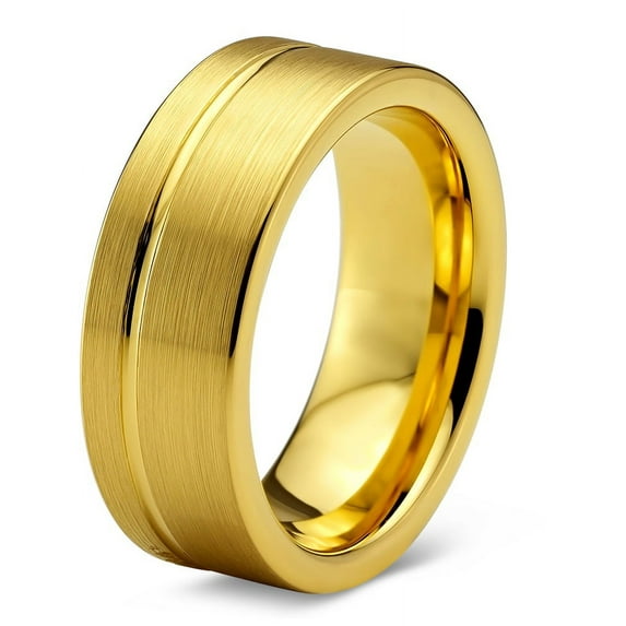 Charming Jewelers Tungsten Wedding Band Ring 8mm for Men Women Comfort Fit 18K Yellow Gold Plated Flat Cut Brushed Polished Lifetime Guarantee Size 13